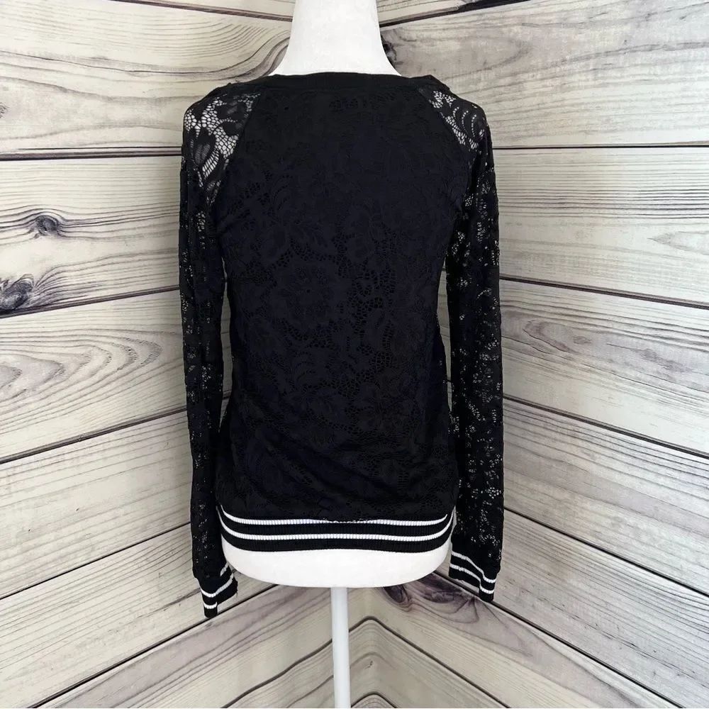 West Kei Black Lace Long Sleeve Varsity Banded Top XS - Picture 5 of 7